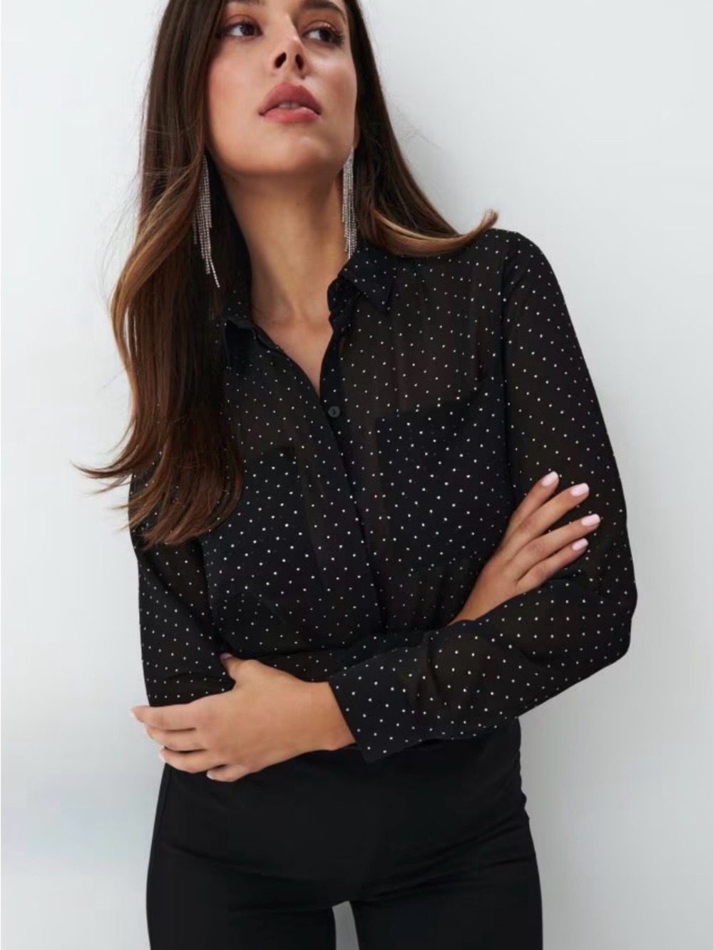 Catherine Malandrino Black Polka Dot Sheer Button-Down Blouse